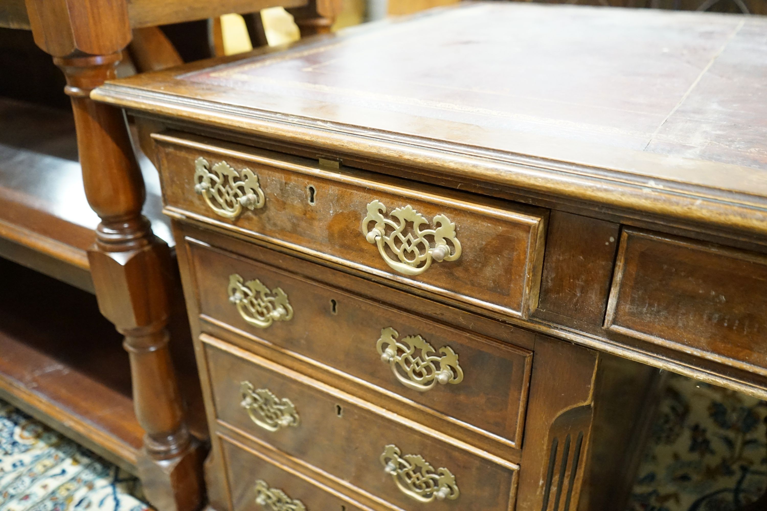 A George III style mahogany pedestal partner's desk, length 182cm, depth 91cm, height 76cm